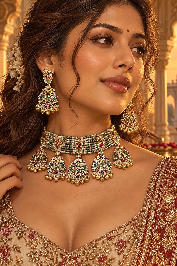 Gold Plated Kundan Polki Necklace Set by Tussya at Pernia's Pop Up Shop