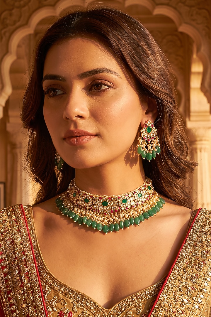 Gold Plated Kundan Polki Necklace Set by Tussya at Pernia's Pop Up Shop