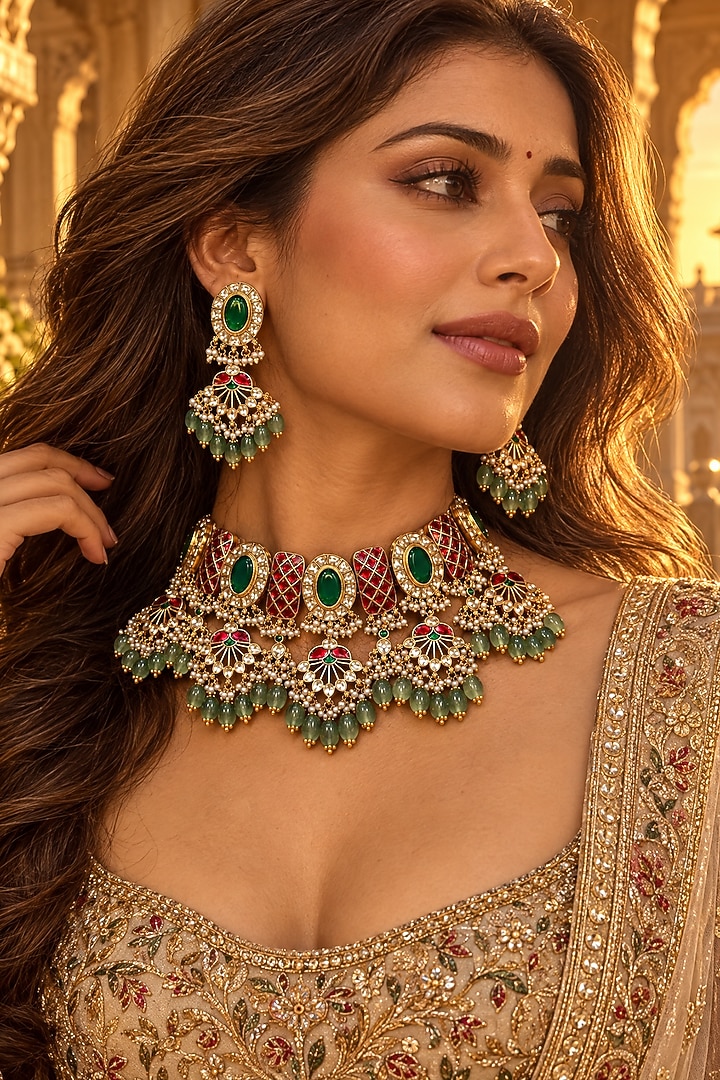Gold Plated Kundan Polki Necklace Set by Tussya at Pernia's Pop Up Shop