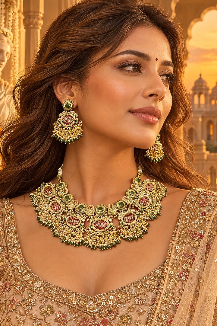 Gold Plated Kundan Polki Necklace Set by Tussya at Pernia's Pop Up Shop