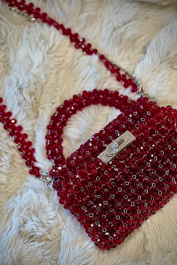 Maroon Crystal Hand Embellished Clutch by Tussya at Pernia's Pop Up Shop