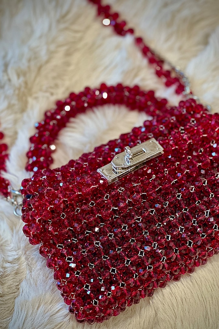 Maroon Crystal Hand Embellished Clutch by Tussya at Pernia's Pop Up Shop