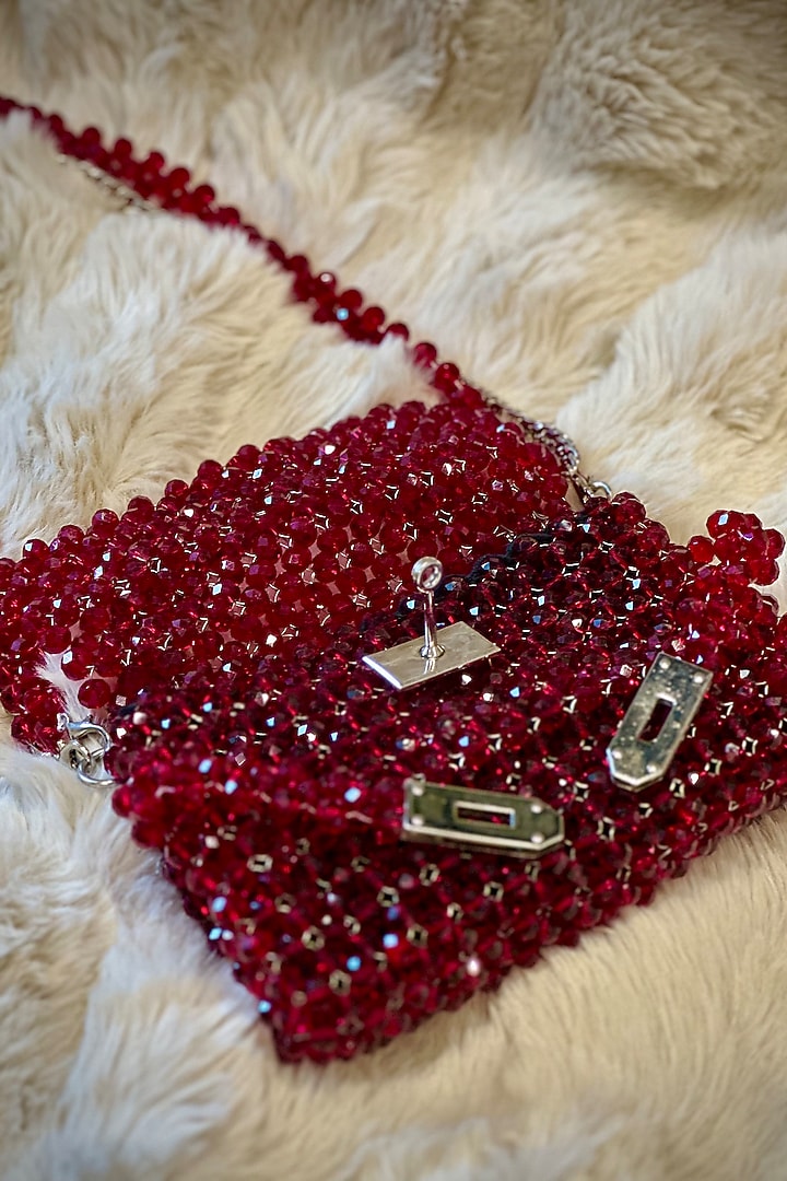 Maroon Crystal Hand Embellished Clutch by Tussya at Pernia's Pop Up Shop