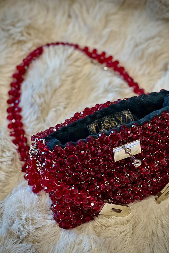 Maroon Crystal Hand Embellished Clutch by Tussya at Pernia's Pop Up Shop