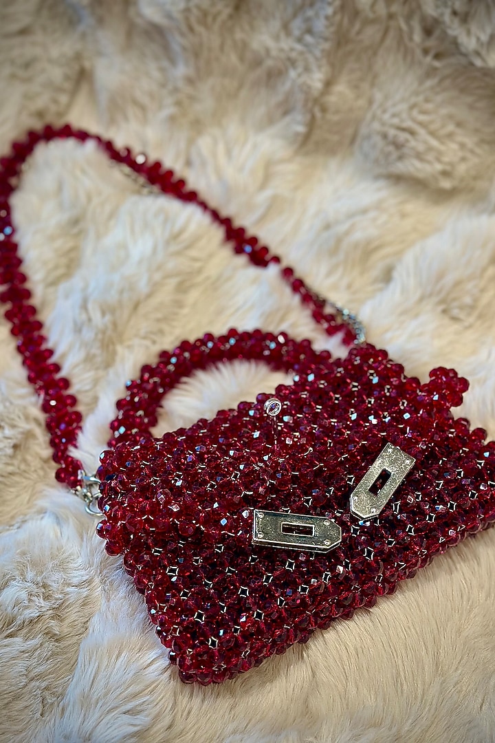 Maroon Crystal Hand Embellished Clutch by Tussya at Pernia's Pop Up Shop