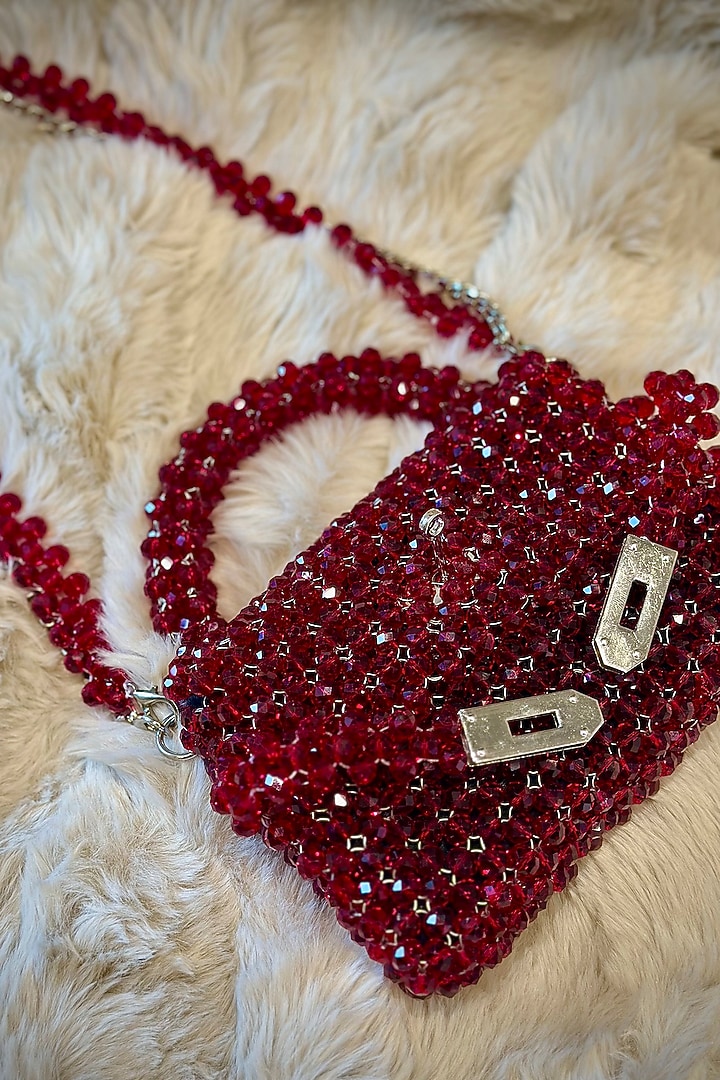 Maroon Crystal Hand Embellished Clutch by Tussya at Pernia's Pop Up Shop
