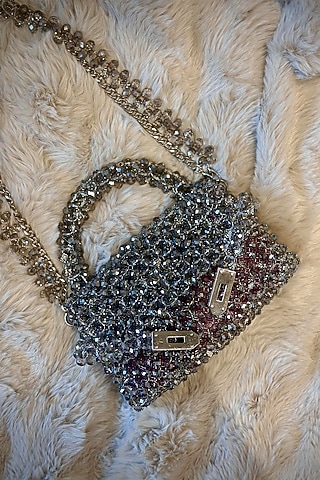 Grey Crystal Hand Embellished Clutch by Tussya