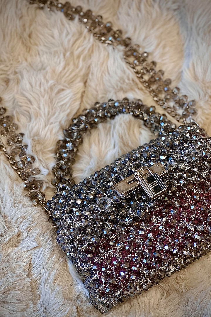 Grey Crystal Hand Embellished Clutch by Tussya at Pernia's Pop Up Shop