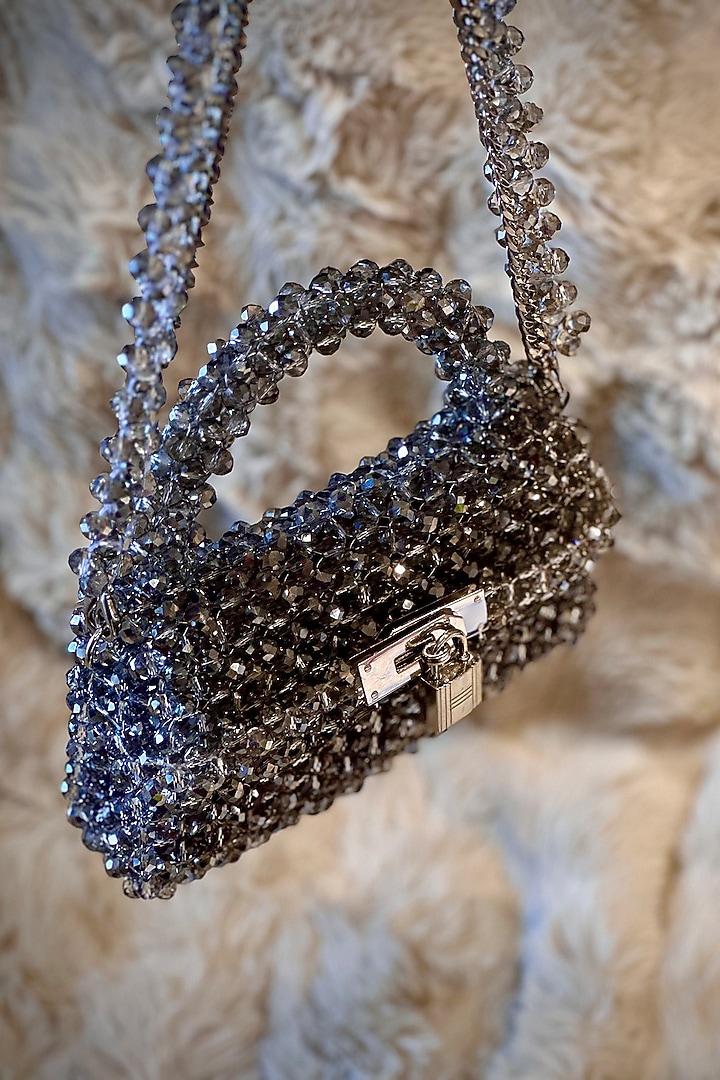 Grey Crystal Hand Embellished Clutch by Tussya at Pernia's Pop Up Shop