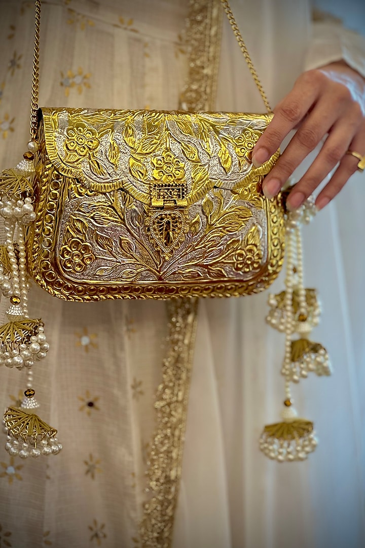 Gold Brass Handcrafted Potli by Tussya at Pernia's Pop Up Shop
