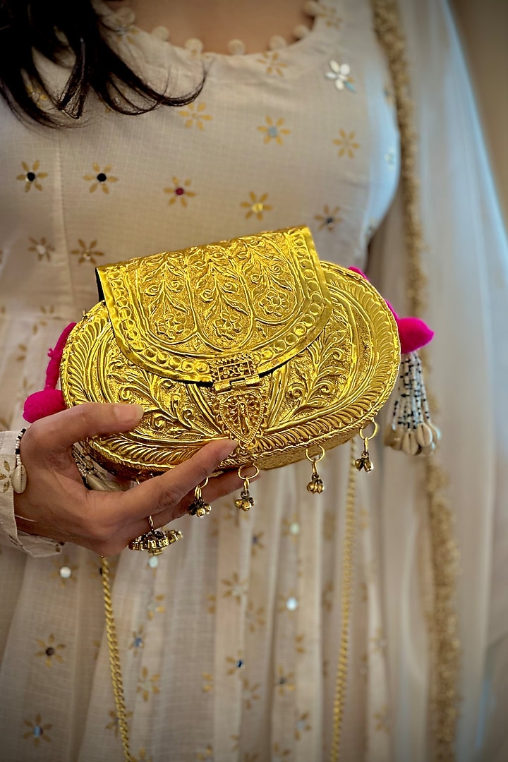 Gold Brass Handcrafted Potli by Tussya at Pernia's Pop Up Shop