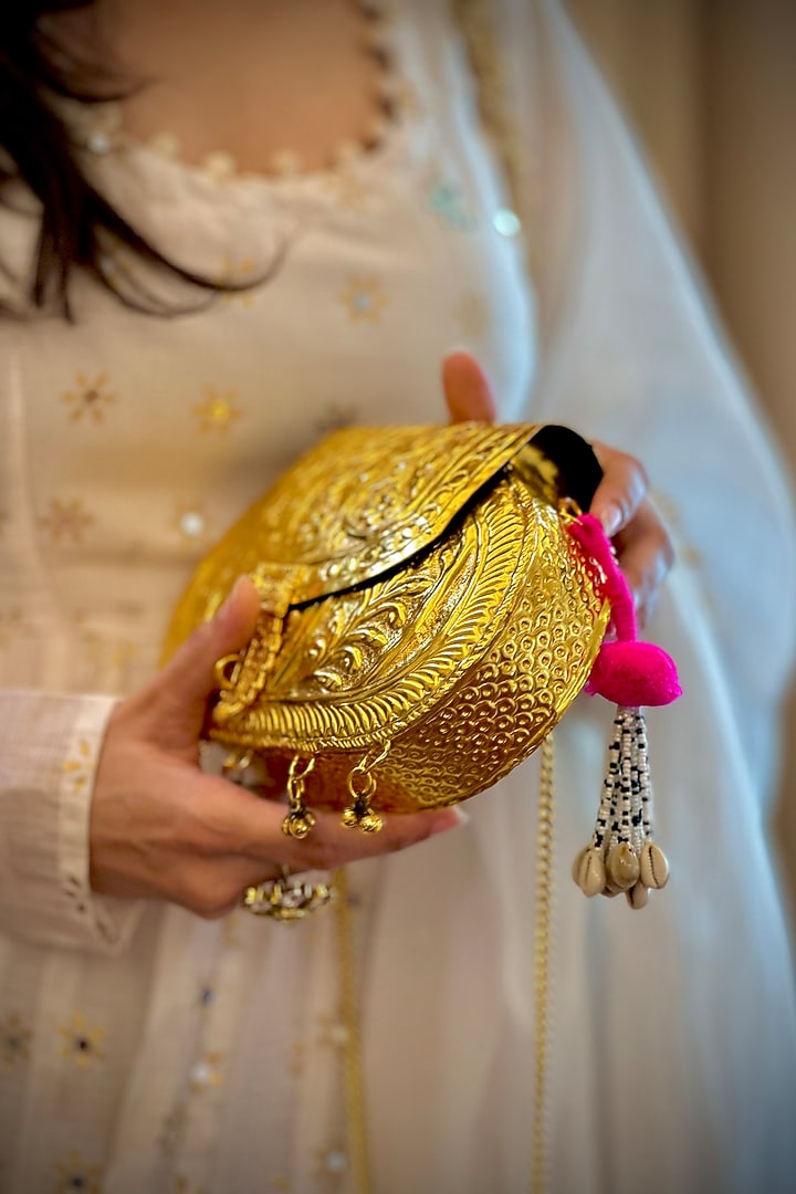 Gold Brass Handcrafted Potli by Tussya at Pernia's Pop Up Shop