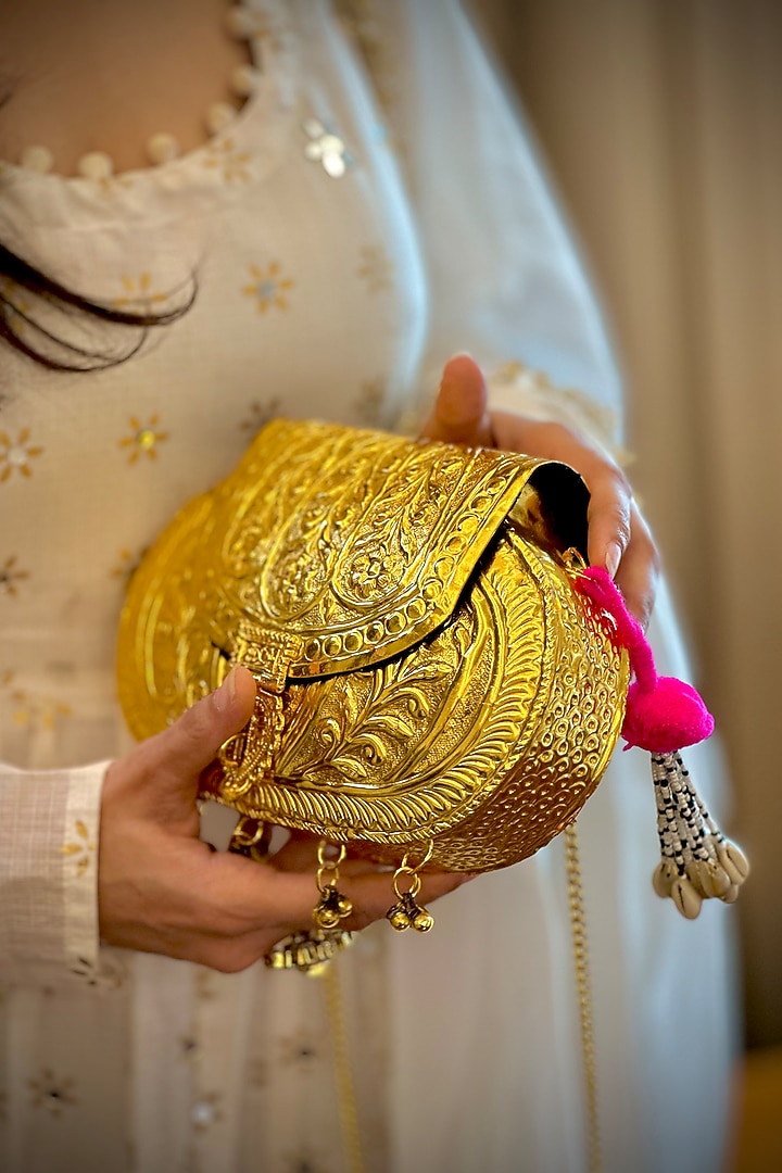 Gold Brass Handcrafted Potli by Tussya at Pernia's Pop Up Shop