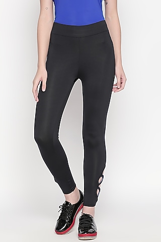 Black Stretchable Polyester Blend Leggings by TUNA ACTIVE