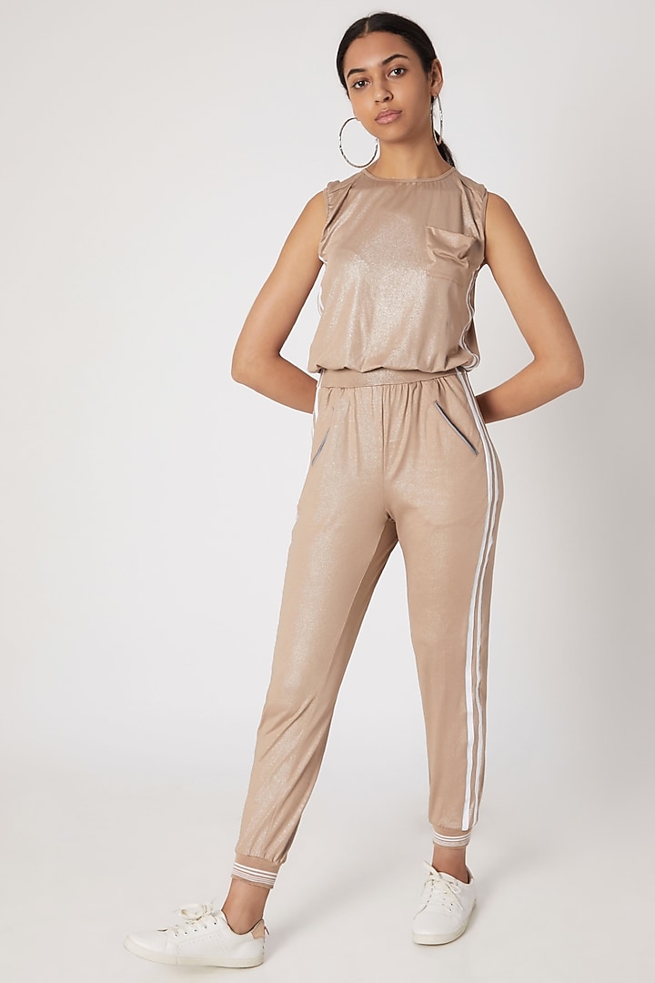 Blush Pink Metallic Jumpsuit by TUNA ACTIVE at Pernia's Pop Up Shop
