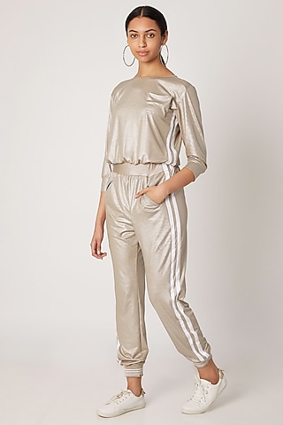 Beige Polyester Blend Metallic Jumpsuit by TUNA ACTIVE