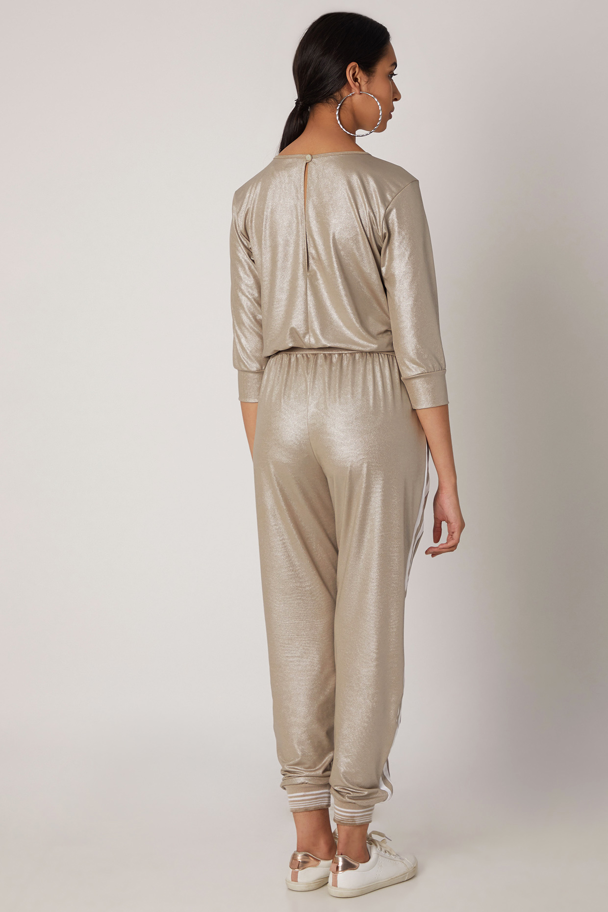 Beige Polyester Blend Metallic Jumpsuit by TUNA ACTIVE at Pernia's Pop Up Shop