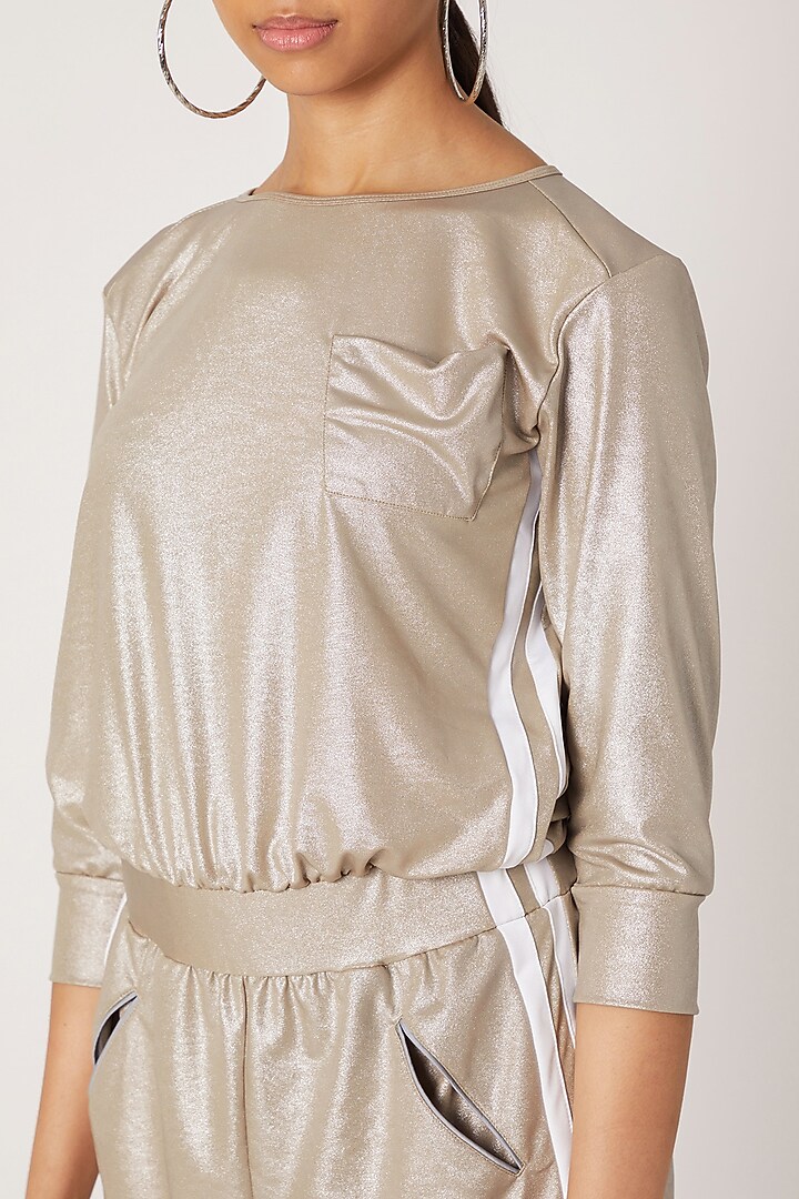 Beige Polyester Blend Metallic Jumpsuit by TUNA ACTIVE at Pernia's Pop Up Shop