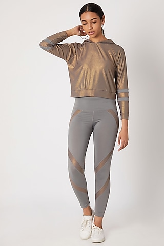 Grey Polyester Blend Hoodie And Leggings by TUNA ACTIVE