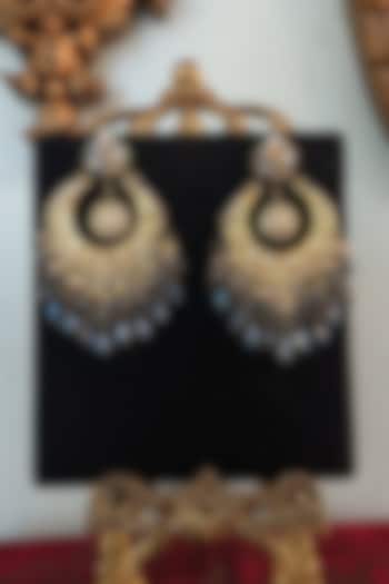 Gold Finish Kundan Polki & Blue Semi-Precious Stone Chandbali Earrings by Turquoise Jewels at Pernia's Pop Up Shop
