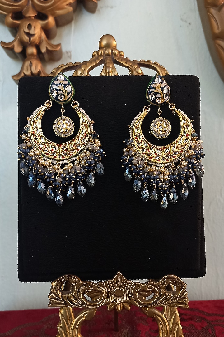 Gold Finish Kundan Polki & Blue Semi-Precious Stone Chandbali Earrings by Turquoise Jewels at Pernia's Pop Up Shop