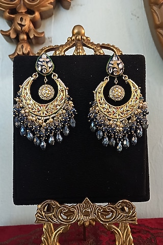 Gold Finish Kundan Polki & Blue Semi-Precious Stone Chandbali Earrings by Turquoise Jewels