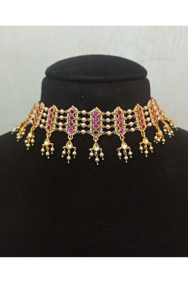 Gold Finish Kundan Polki & Green Semi-Precious Stone Choker Necklace Set by Turquoise Jewels at Pernia's Pop Up Shop