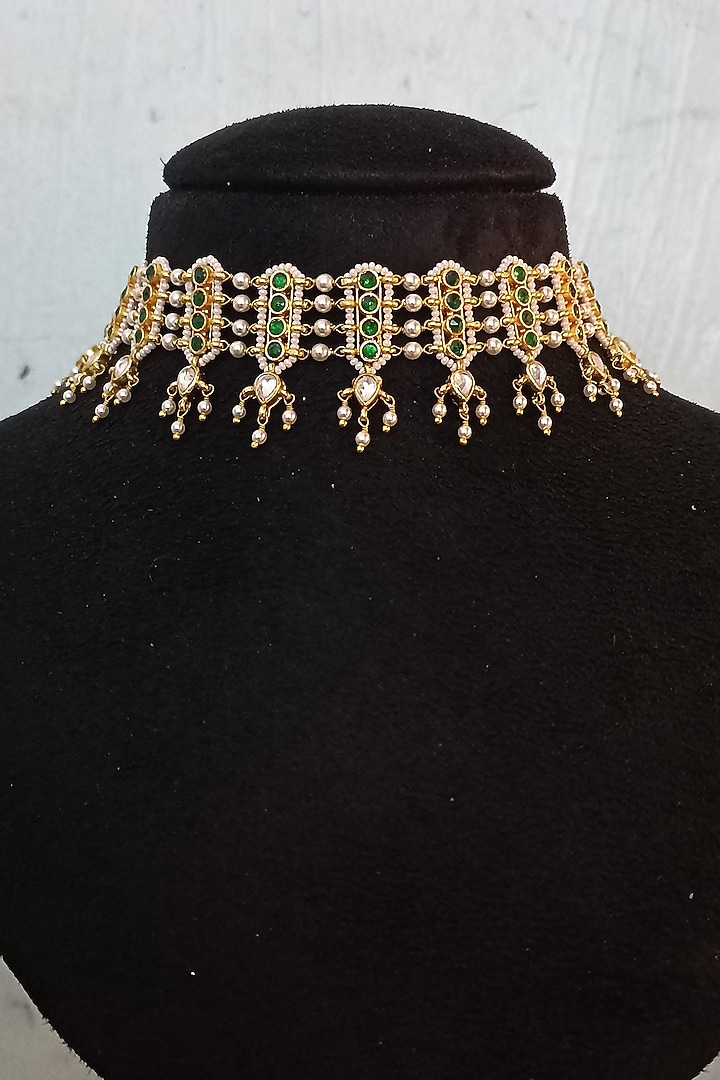 Gold Finish Kundan Polki & Green Semi-Precious Stone Choker Necklace Set by Turquoise Jewels at Pernia's Pop Up Shop