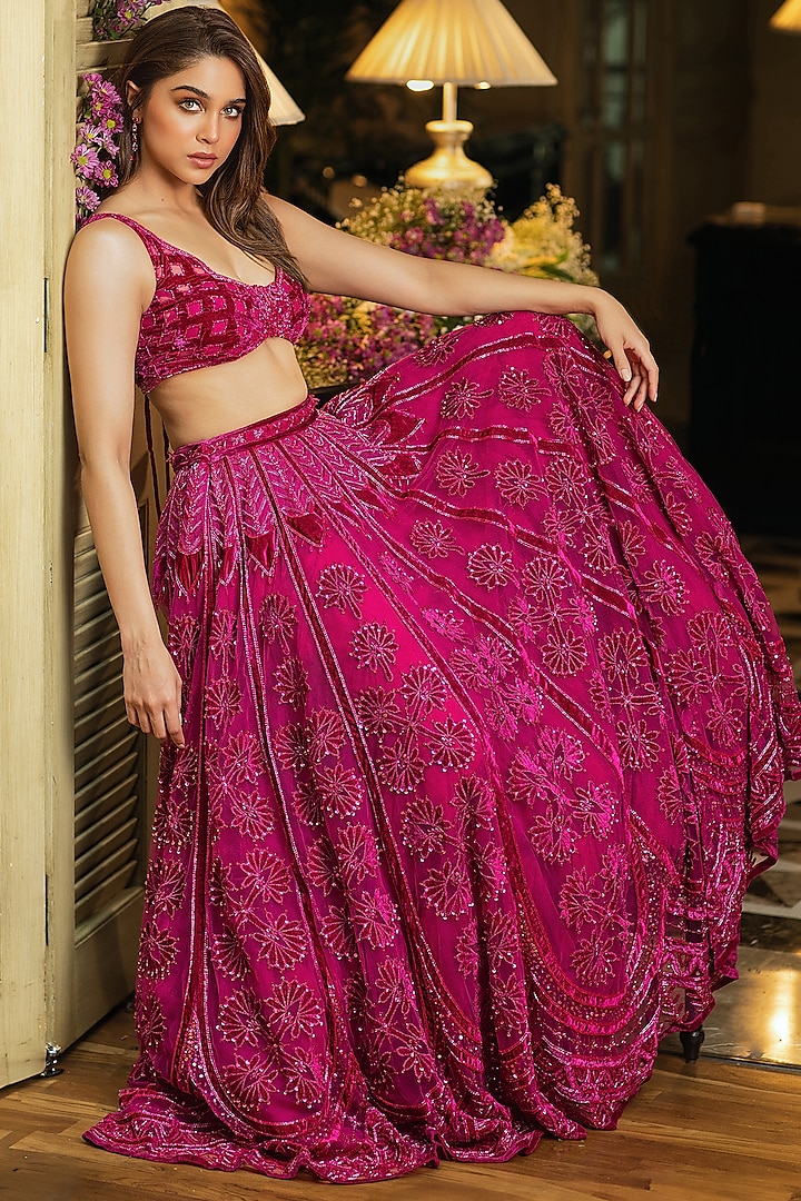 Rani Pink Tulle & Silk Velvet Zari Embroidered Bridal Lehenga Set by TUHINA SRIVASTAVA at Pernia's Pop Up Shop