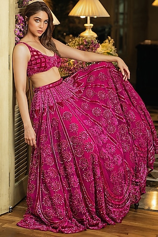 Rani Pink Tulle & Silk Velvet Zari Embroidered Lehenga Set by TUHINA SRIVASTAVA