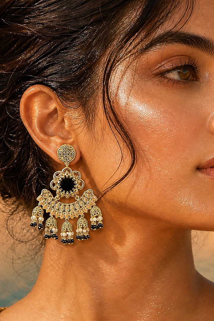 Gold Finish Pearl & Black Onyx Dangler Earrings by Tussya at Pernia's Pop Up Shop