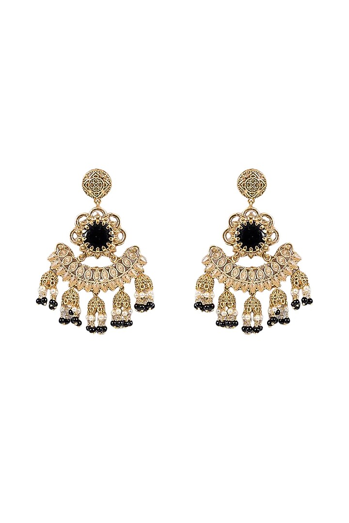 Gold Finish Pearl & Black Onyx Dangler Earrings by Tussya at Pernia's Pop Up Shop