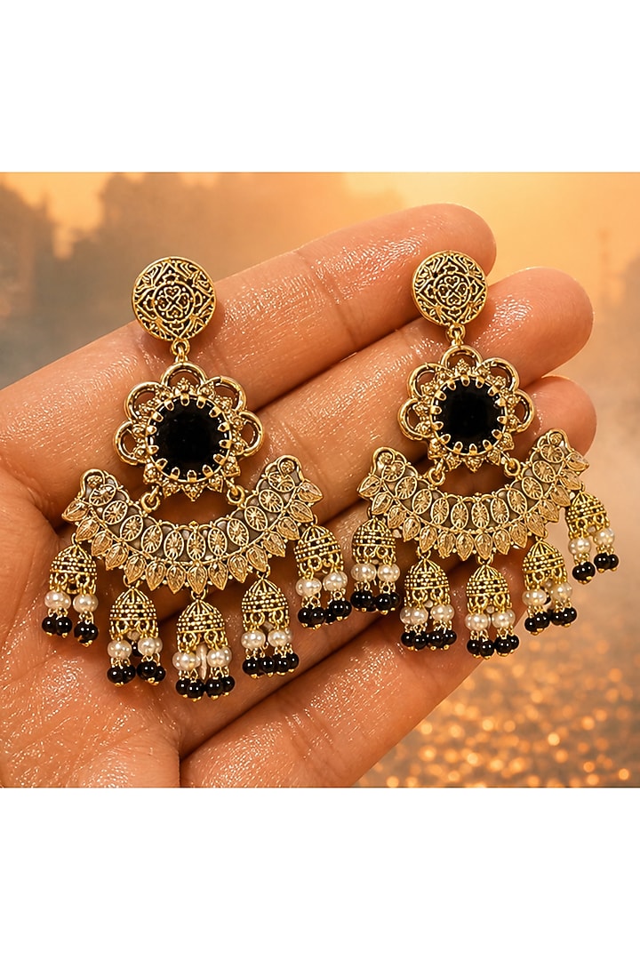Gold Finish Pearl & Black Onyx Dangler Earrings by Tussya at Pernia's Pop Up Shop