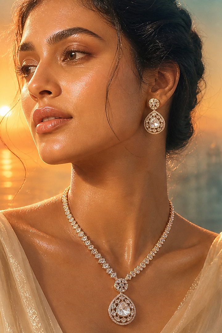 Gold Finish Moissanite Kundan Polki Necklace Set by Tussya at Pernia's Pop Up Shop