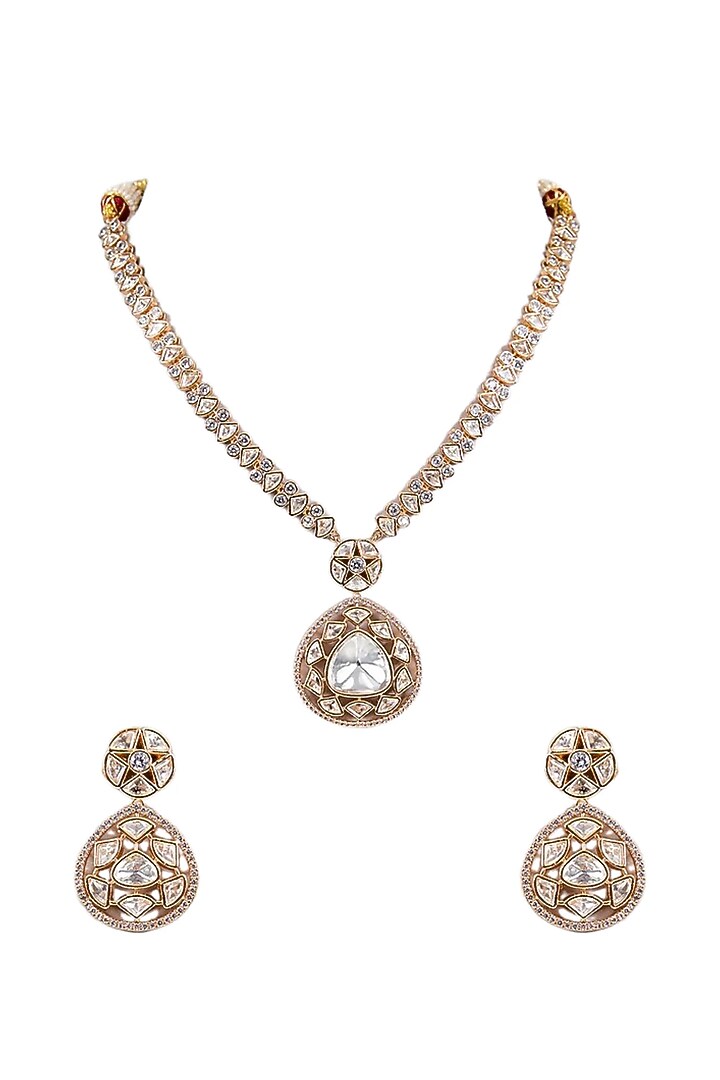 Gold Finish Moissanite Kundan Polki Necklace Set by Tussya at Pernia's Pop Up Shop
