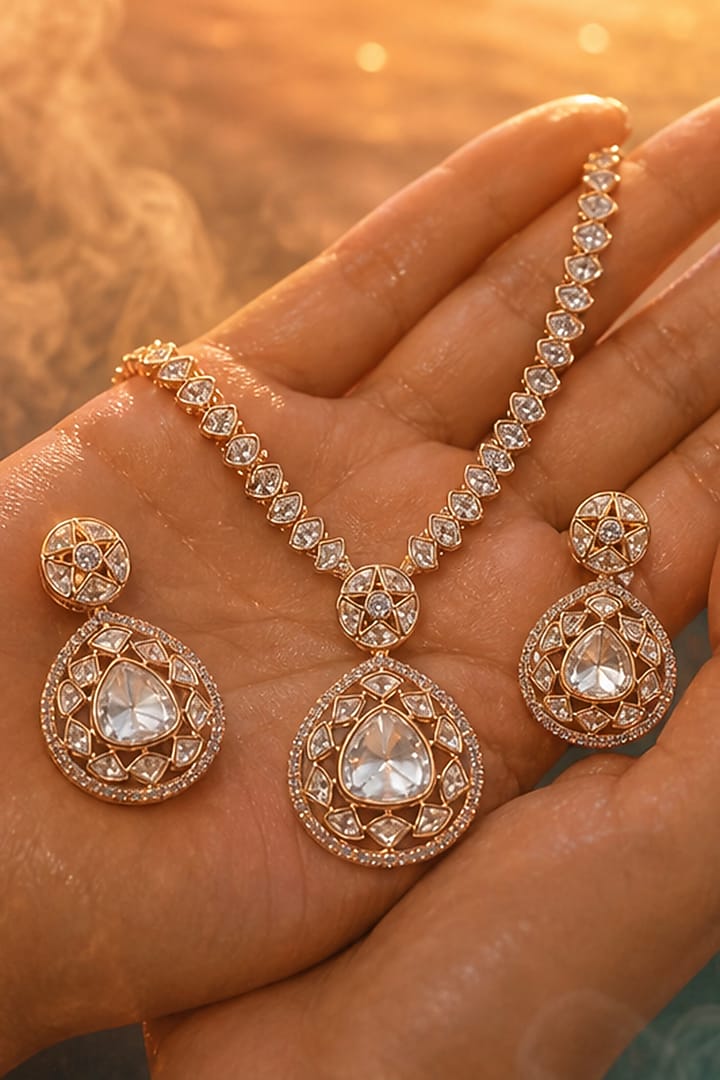 Gold Finish Moissanite Kundan Polki Necklace Set by Tussya at Pernia's Pop Up Shop