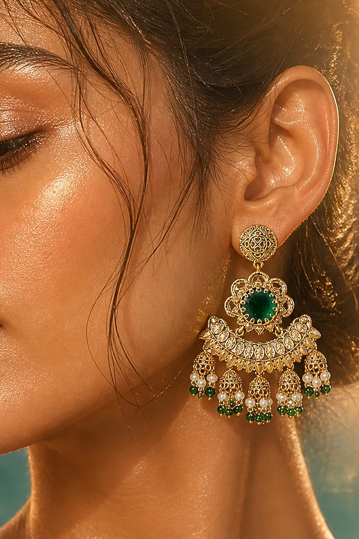 Gold Finish Pearl & Emerald Stone Dangler Earrings by Tussya at Pernia's Pop Up Shop