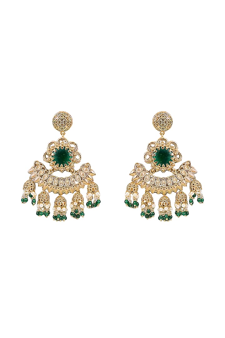 Gold Finish Pearl & Emerald Stone Dangler Earrings by Tussya at Pernia's Pop Up Shop