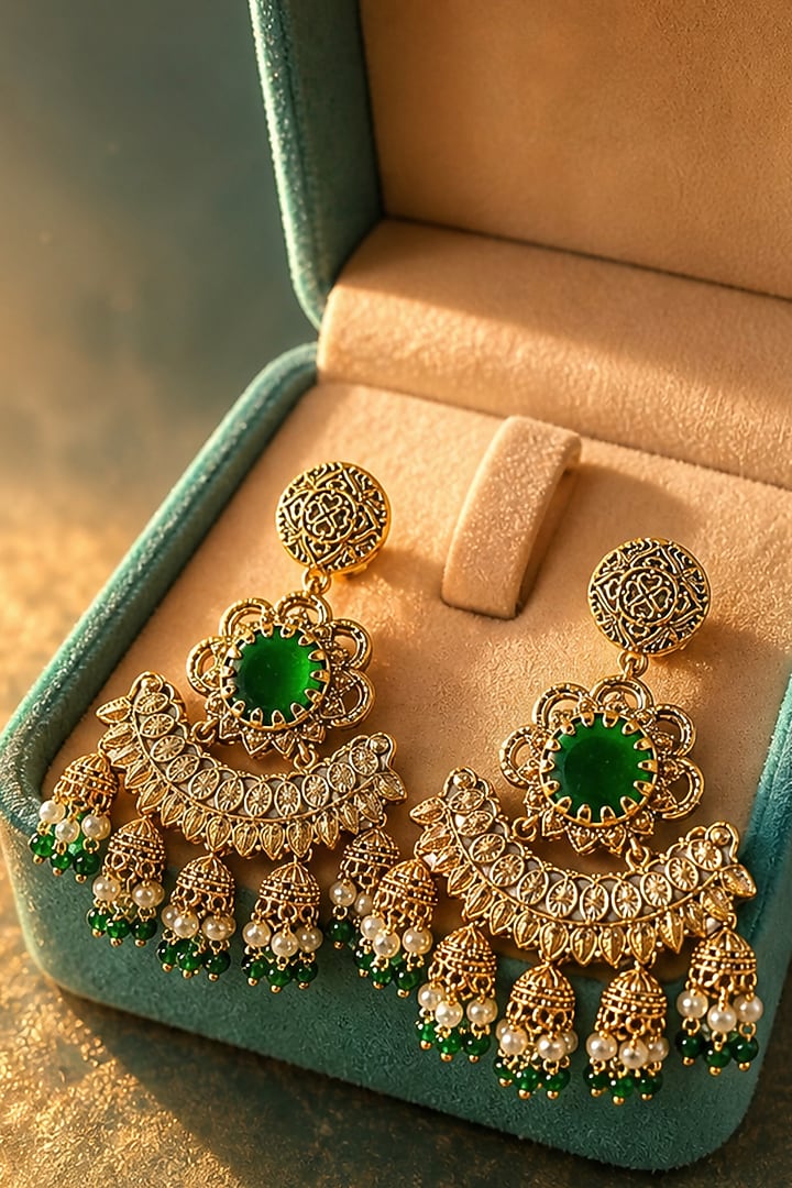 Gold Finish Pearl & Emerald Stone Dangler Earrings by Tussya at Pernia's Pop Up Shop