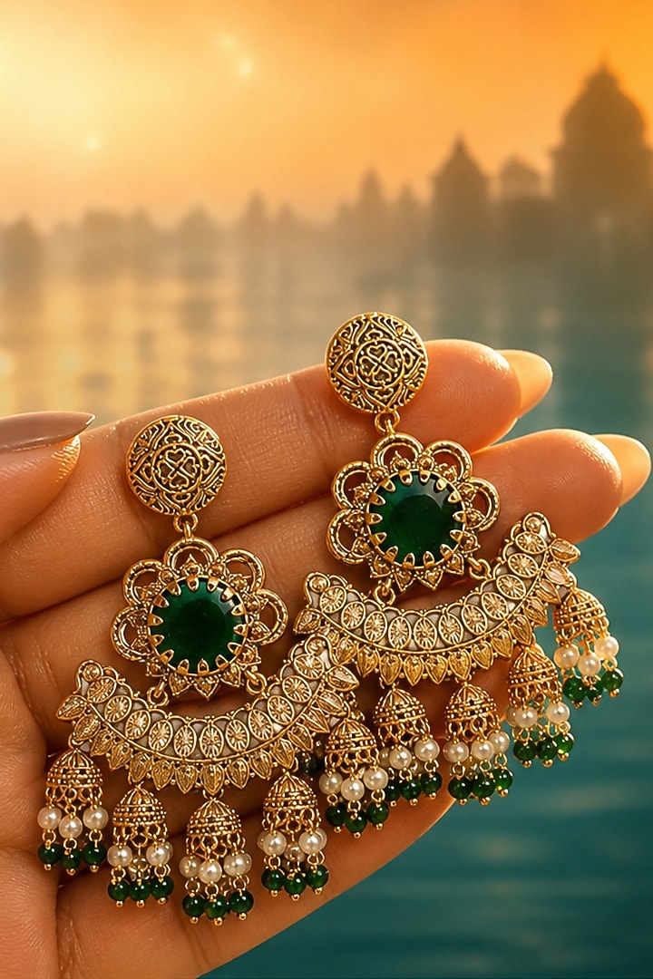 Gold Finish Pearl & Emerald Stone Dangler Earrings by Tussya at Pernia's Pop Up Shop