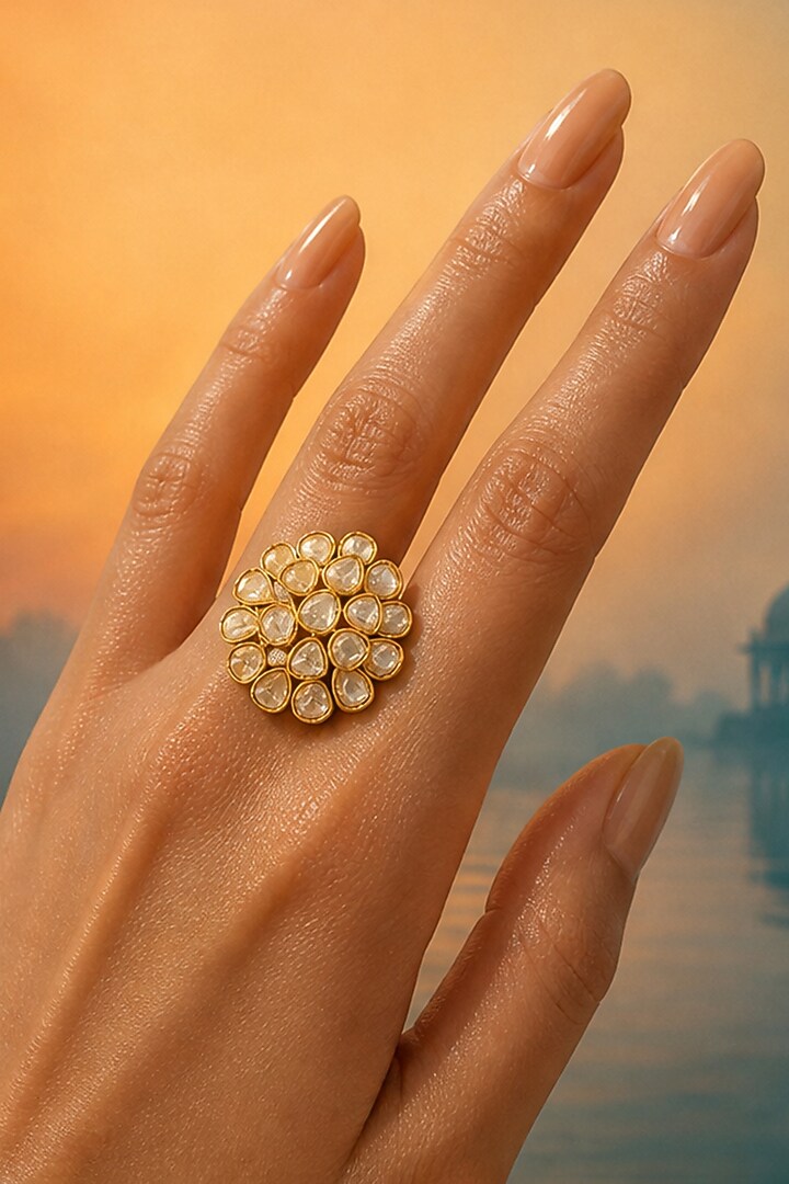 Gold Finish Kundan Polki Ring by Tussya at Pernia's Pop Up Shop