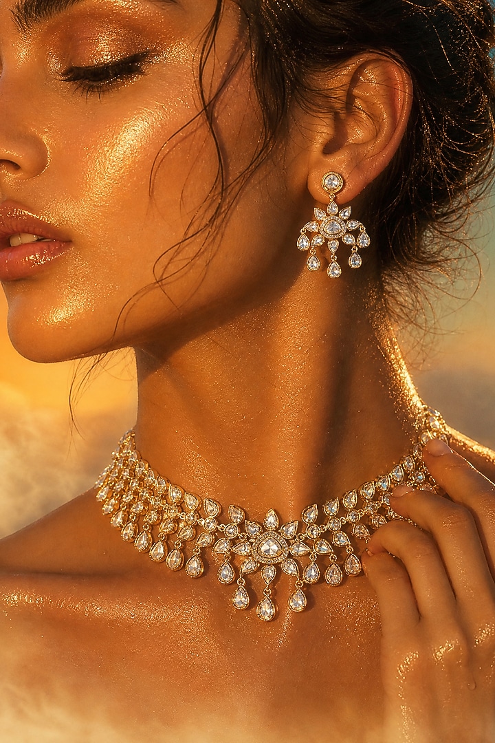 Gold Finish Moissanite Kundan Polki Necklace Set by Tussya at Pernia's Pop Up Shop
