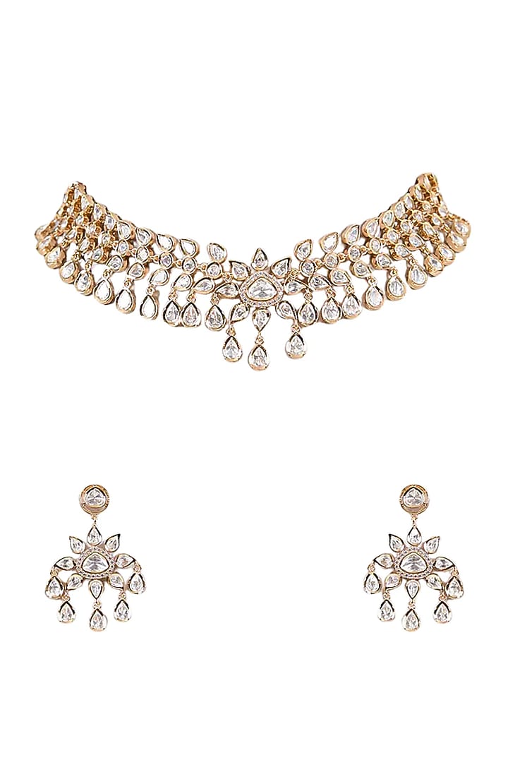 Gold Finish Moissanite Kundan Polki Necklace Set by Tussya at Pernia's Pop Up Shop