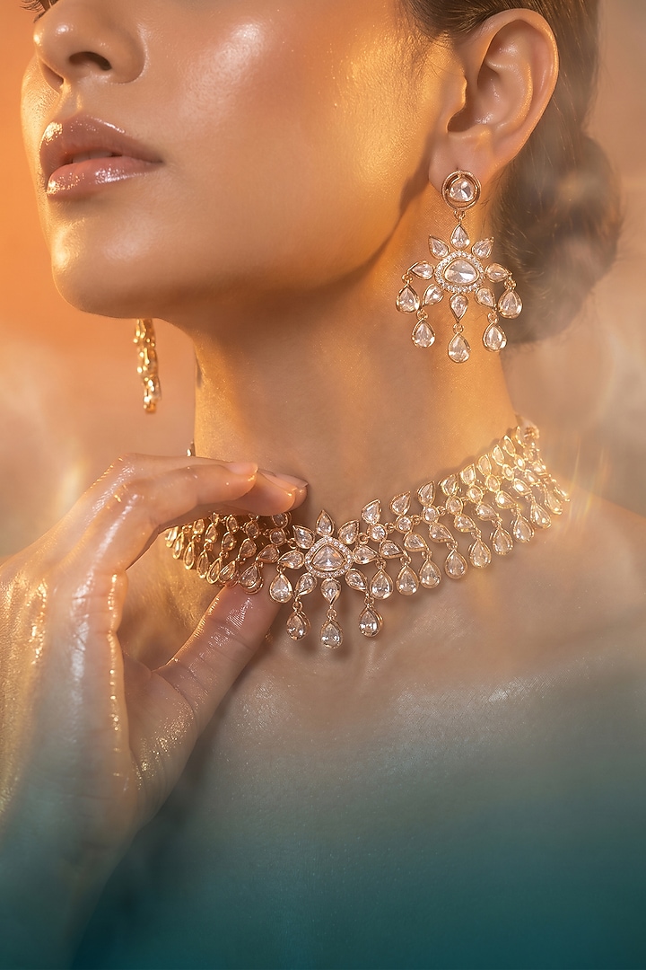 Gold Finish Moissanite Kundan Polki Necklace Set by Tussya at Pernia's Pop Up Shop