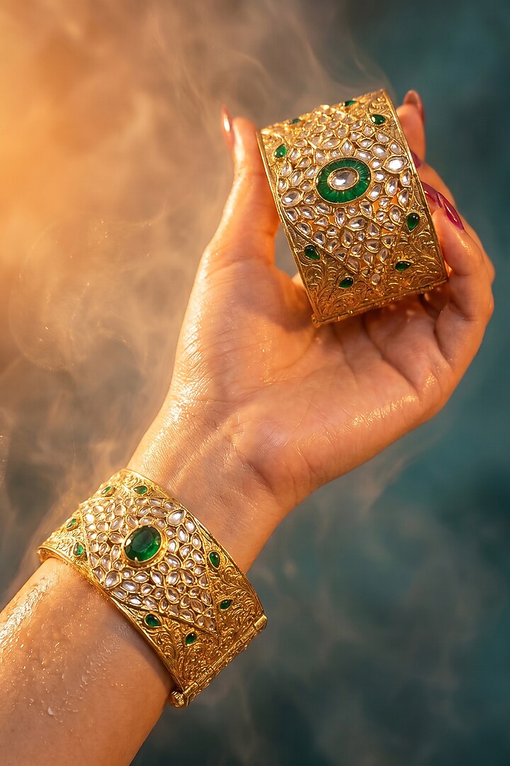 Gold Finish Kundan Polki & Green Stone Bangle by Tussya at Pernia's Pop Up Shop