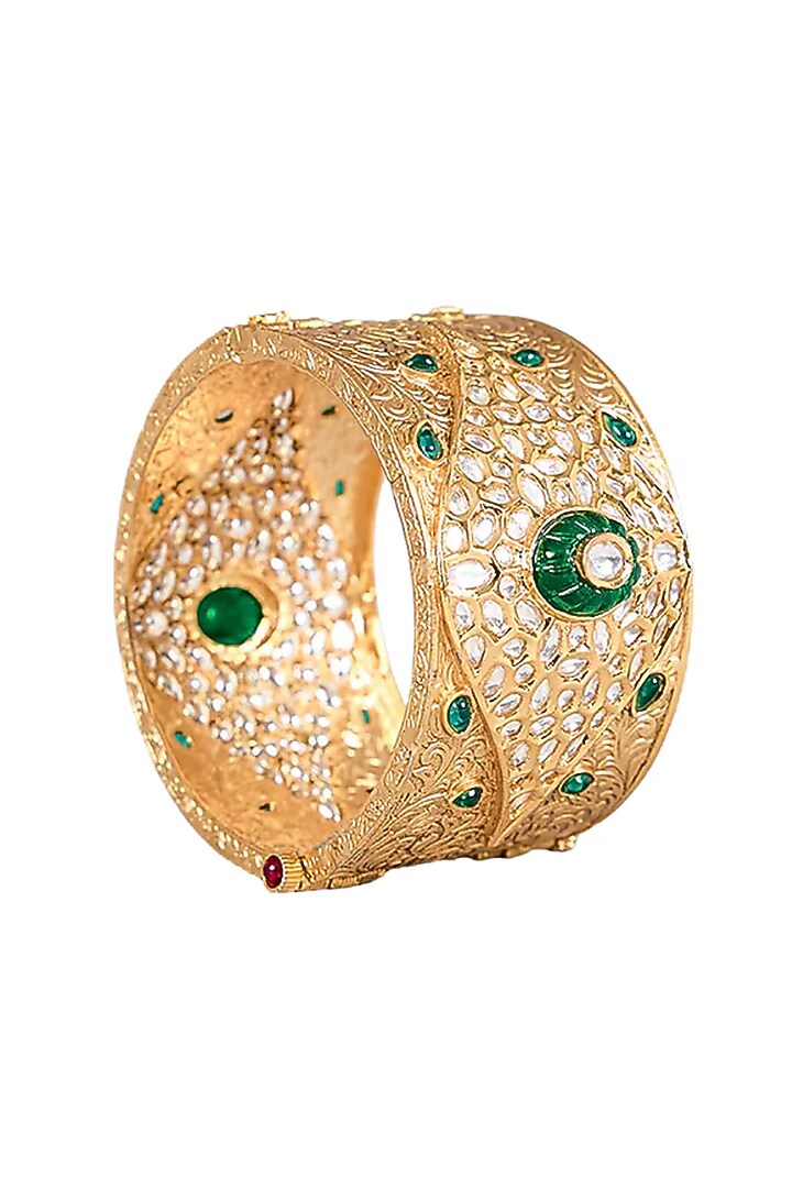 Gold Finish Kundan Polki & Green Stone Bangle by Tussya at Pernia's Pop Up Shop
