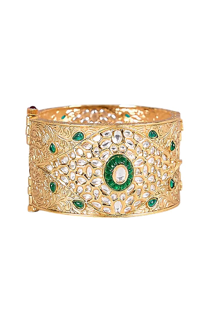 Gold Finish Kundan Polki & Green Stone Bangle by Tussya at Pernia's Pop Up Shop