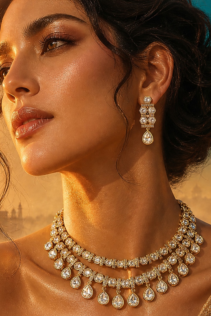 Gold Finish Moissanite Kundan Polki Necklace Set by Tussya at Pernia's Pop Up Shop