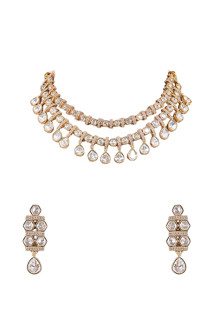 Gold Finish Moissanite Kundan Polki Necklace Set by Tussya at Pernia's Pop Up Shop
