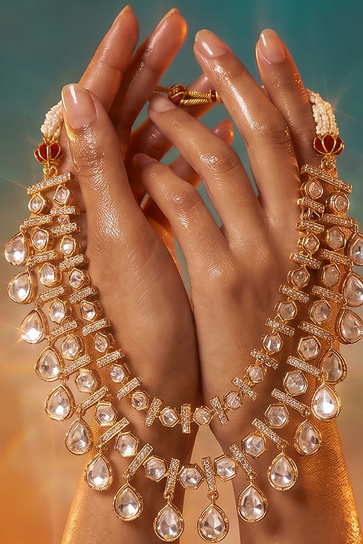 Gold Finish Moissanite Kundan Polki Necklace Set by Tussya at Pernia's Pop Up Shop
